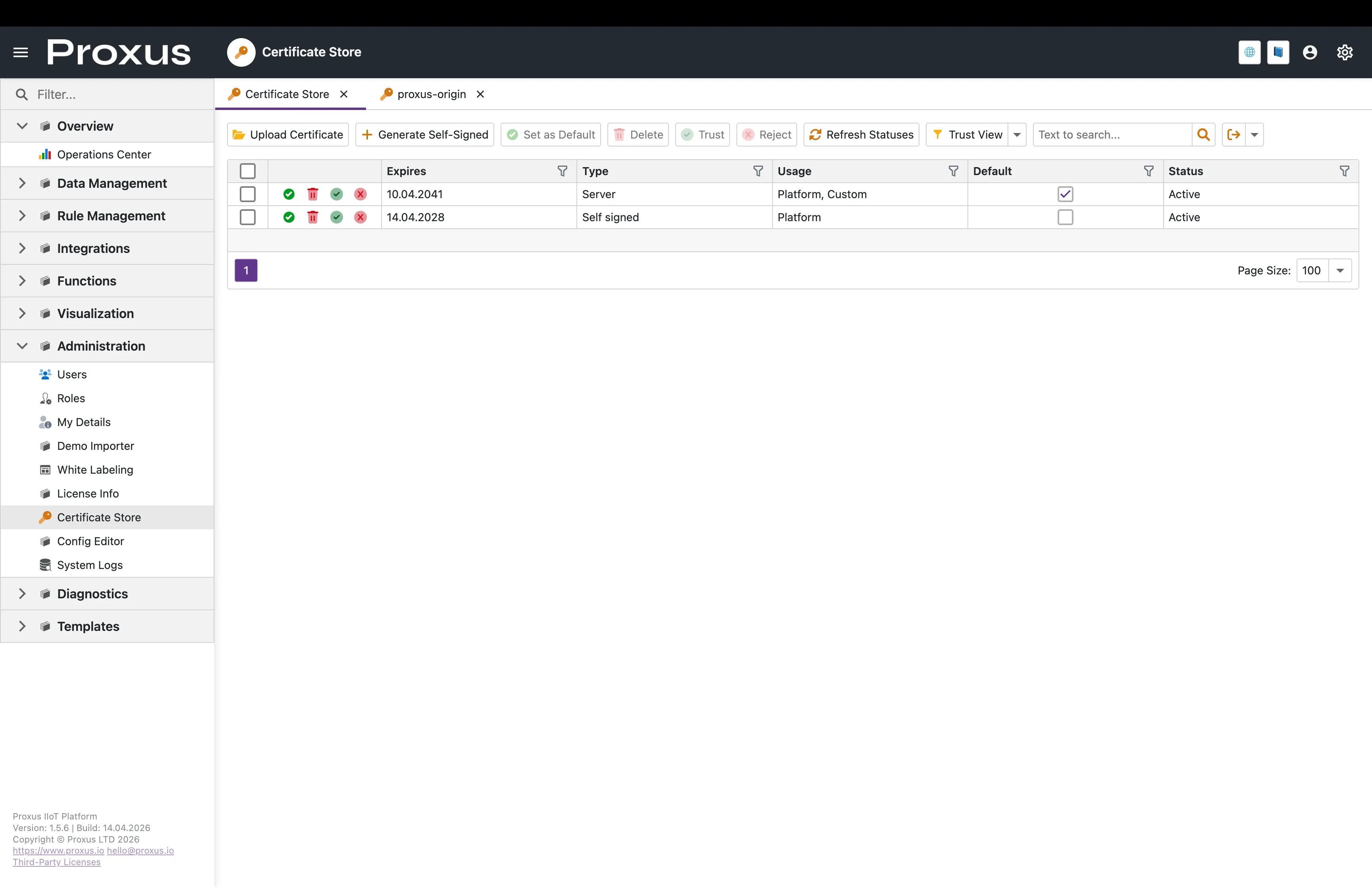 Certificate Store list view