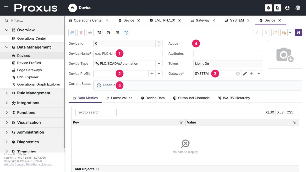 Runtime-verified new Device form; 1 identity, 2 device profile, 3 gateway, 4 active state, and 5 current status