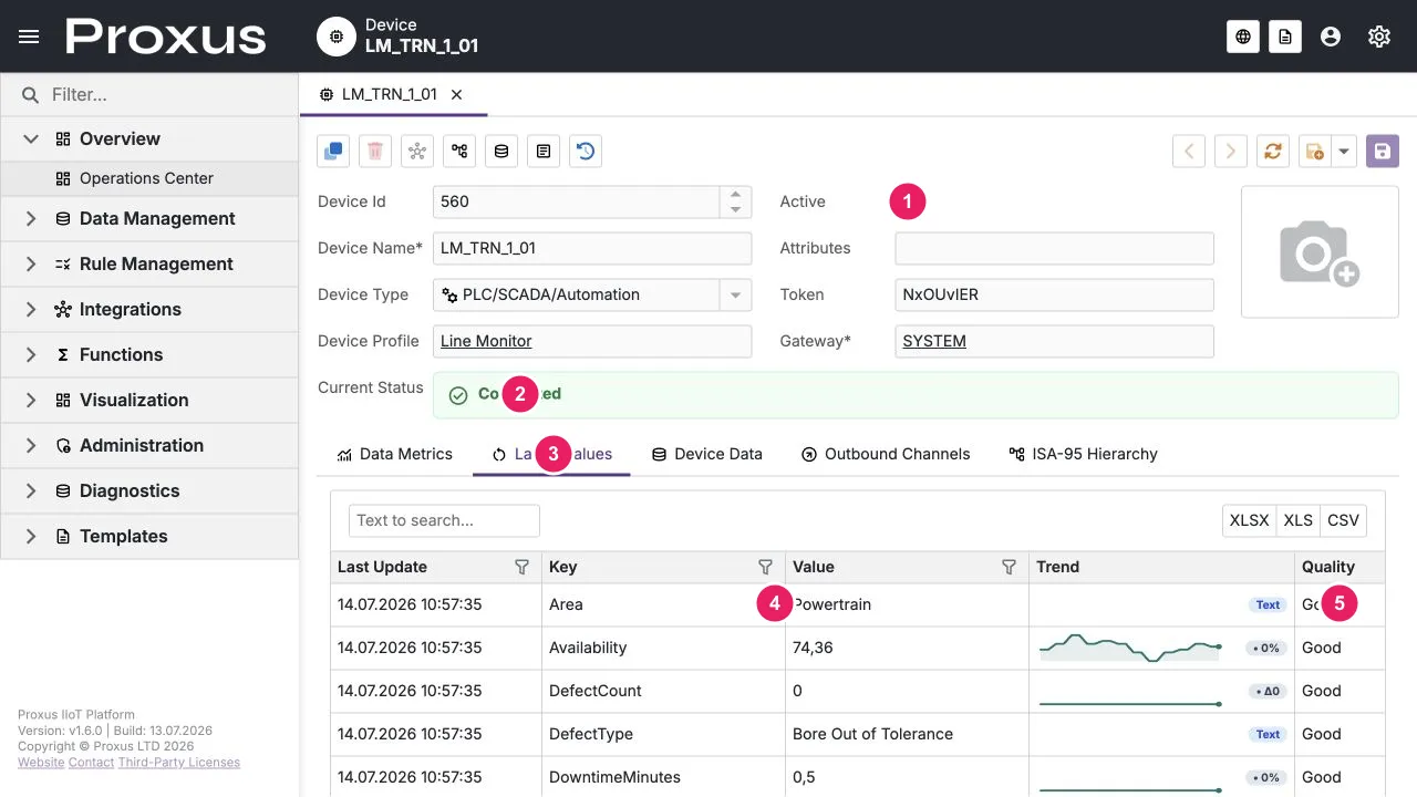 Latest Values tab with live data; 1 active state, 2 connected status, 3 selected tab, 4 live values, and 5 quality