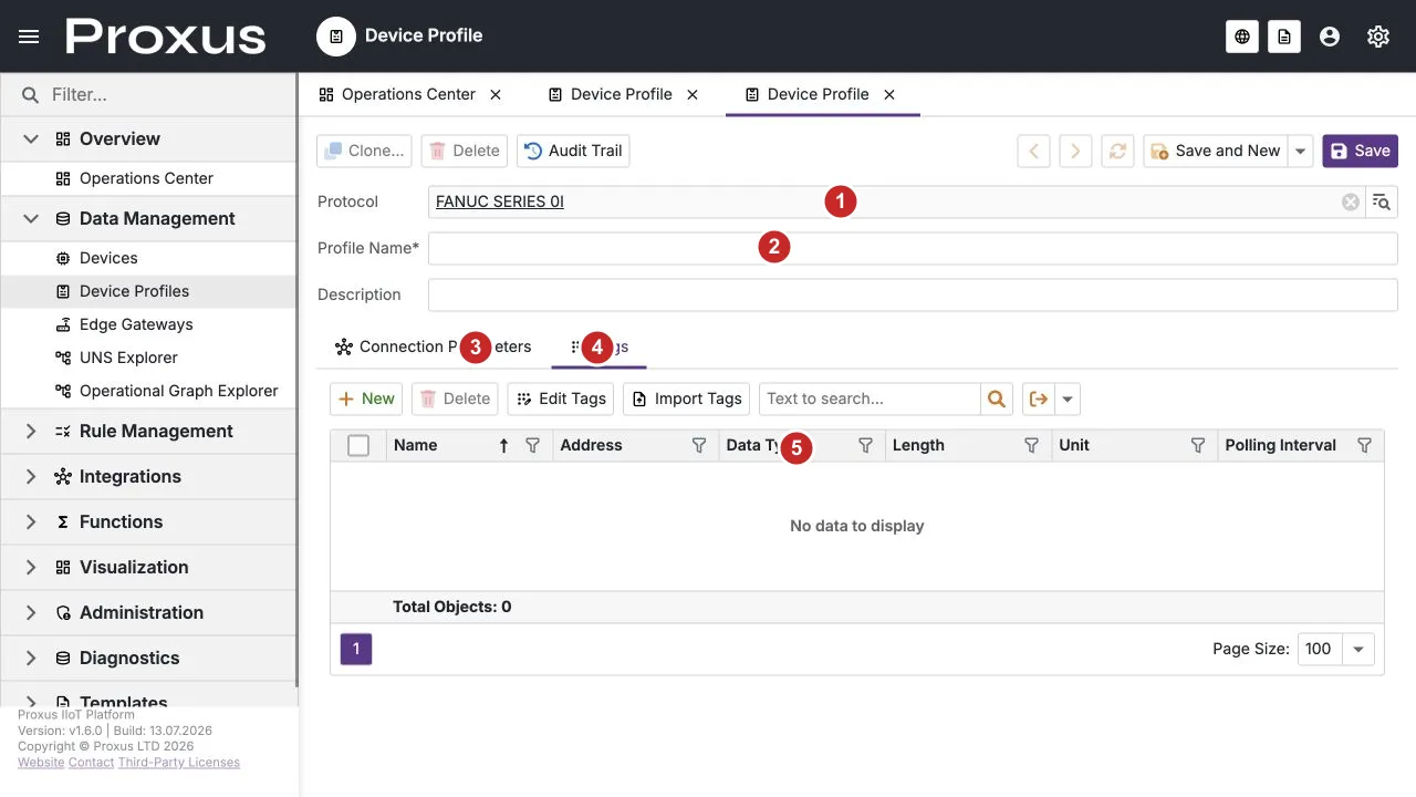 Runtime-verified new Device Profile form; 1 protocol, 2 profile name, 3 connection parameters, 4 tags, and 5 tag table
