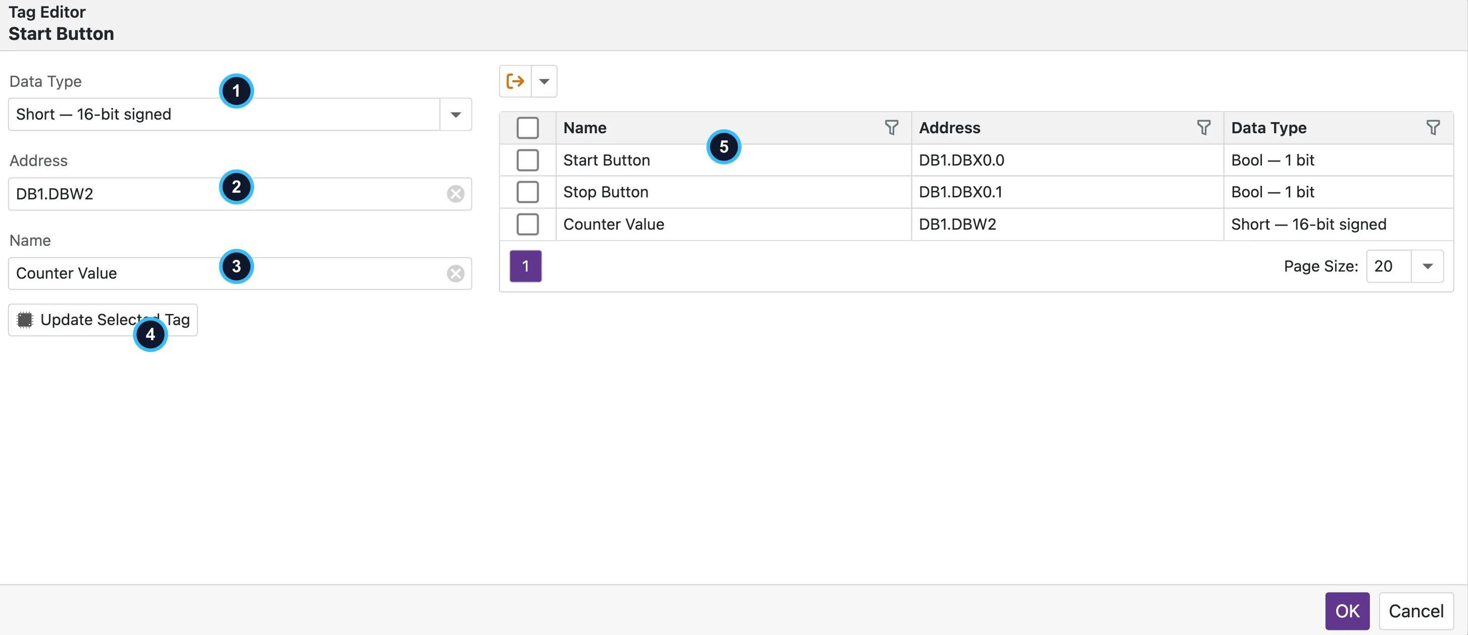 Editing a Tag; 1 data type, 2 address, 3 tag name, 4 update action, and 5 current tag list