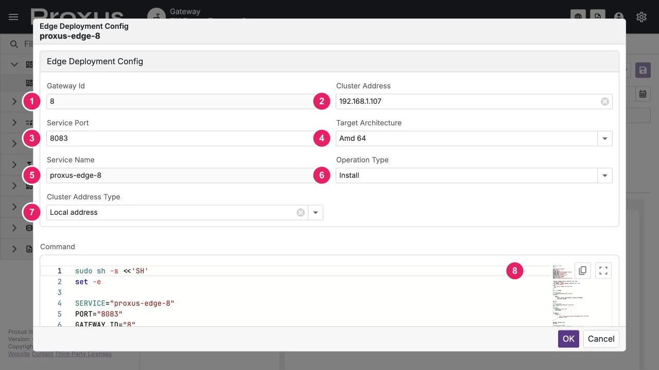 Runtime-verified Deploy to Edge form showing the gateway ID, cluster address, service port, service name, target architecture, operation type, cluster address type, and generated command