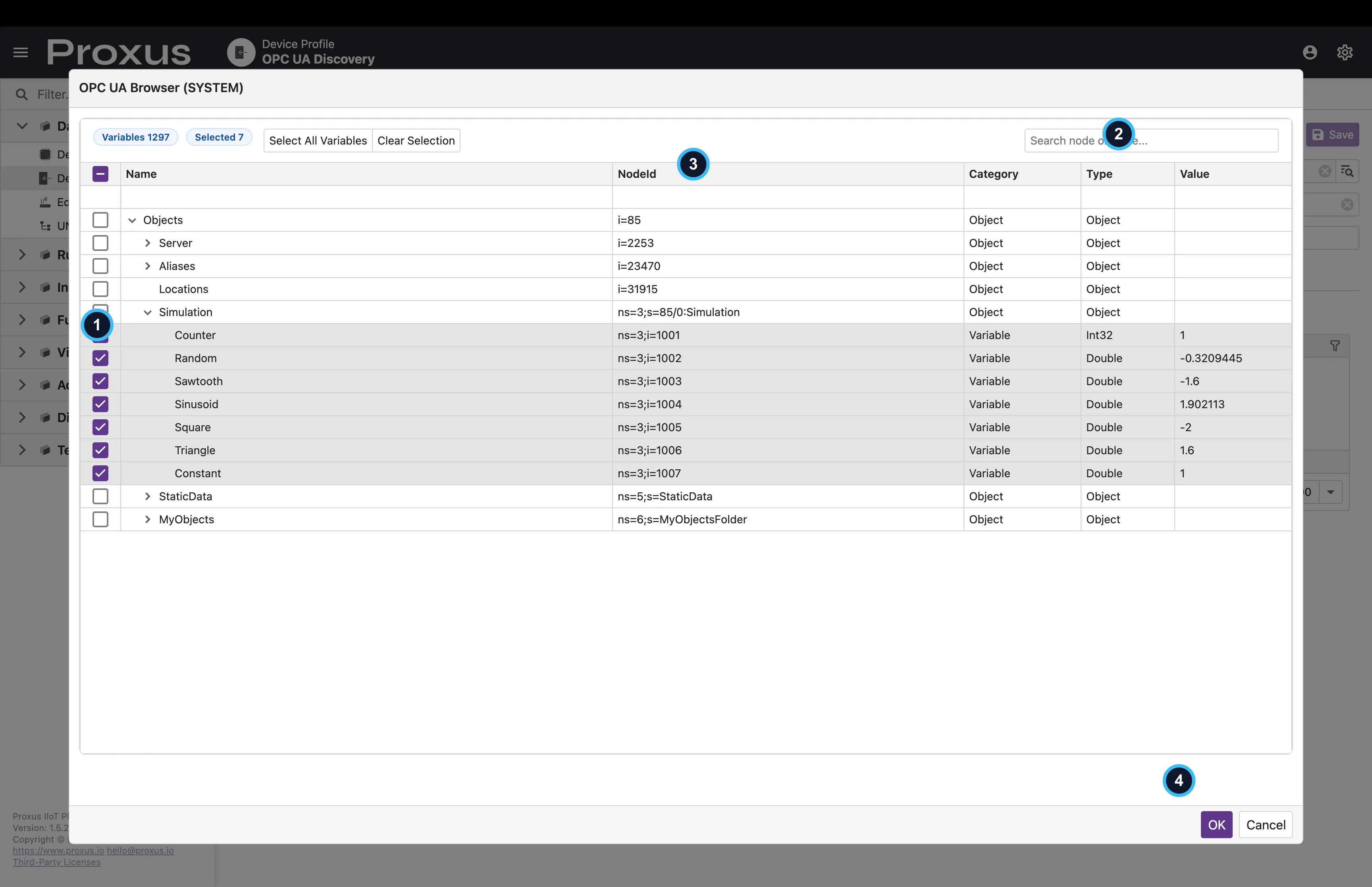 OPC UA Tag Browser; 1 select variables, 2 search nodes, 3 inspect NodeId, and 4 confirm the selection