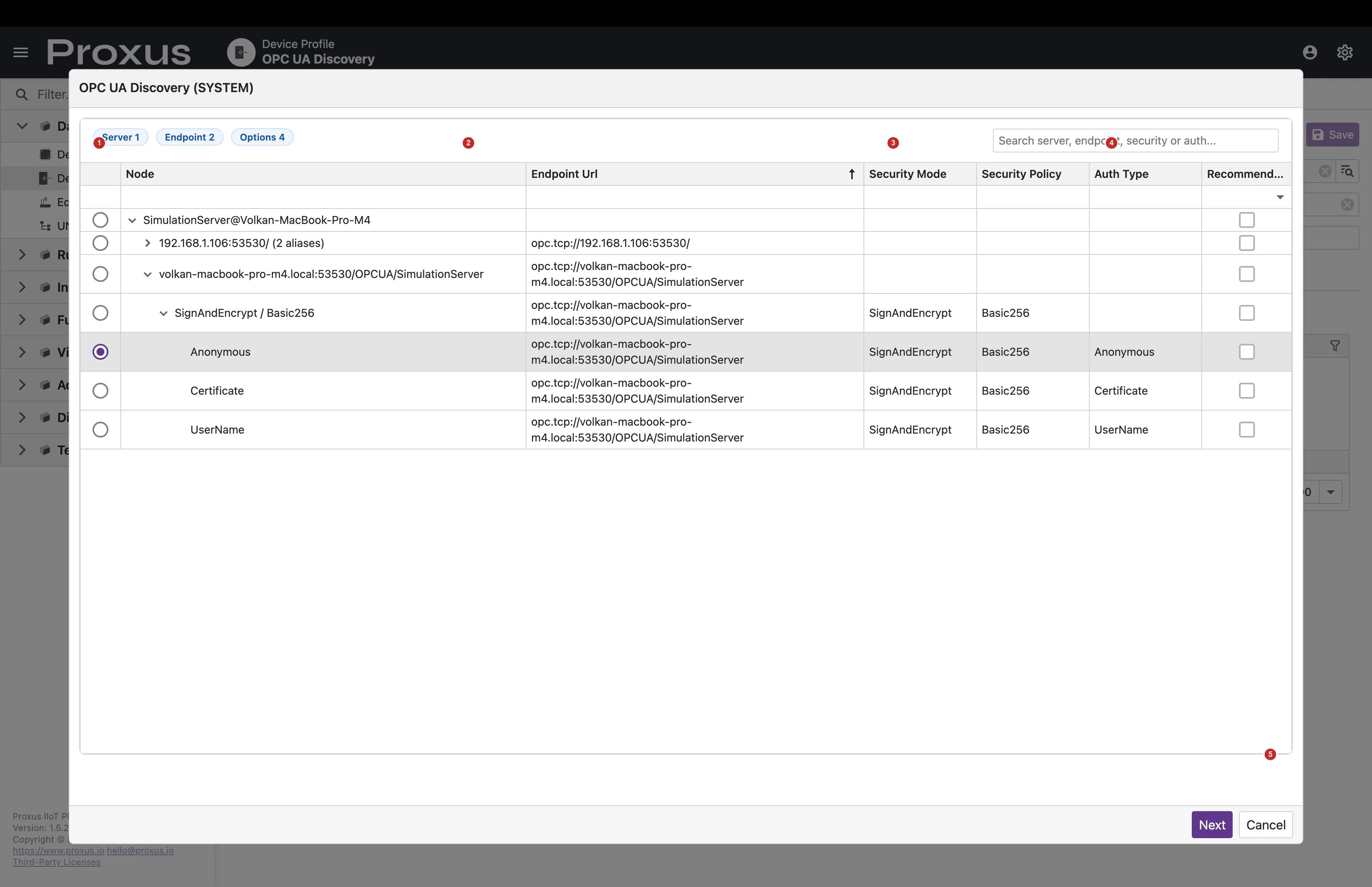 Annotated OPC UA discovery results; 1 server tree, 2 endpoint values, 3 security settings, 4 authentication options, and 5 next step