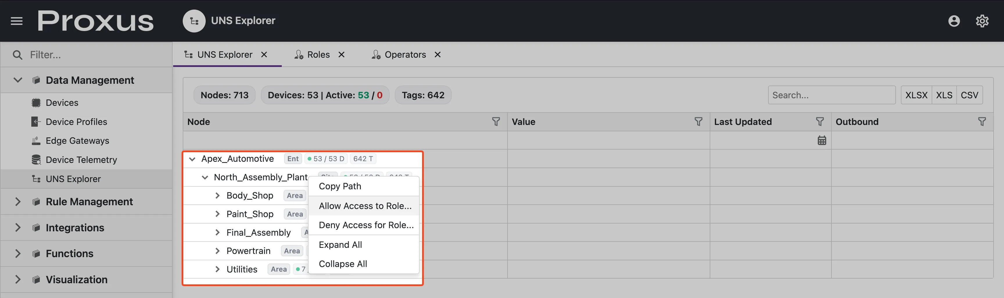 UNS Explorer Admin Context Menu